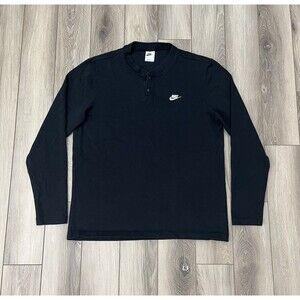 Nike Club Black Henley Long Sleeve Shirt Mens Size Large Embroidered Logo